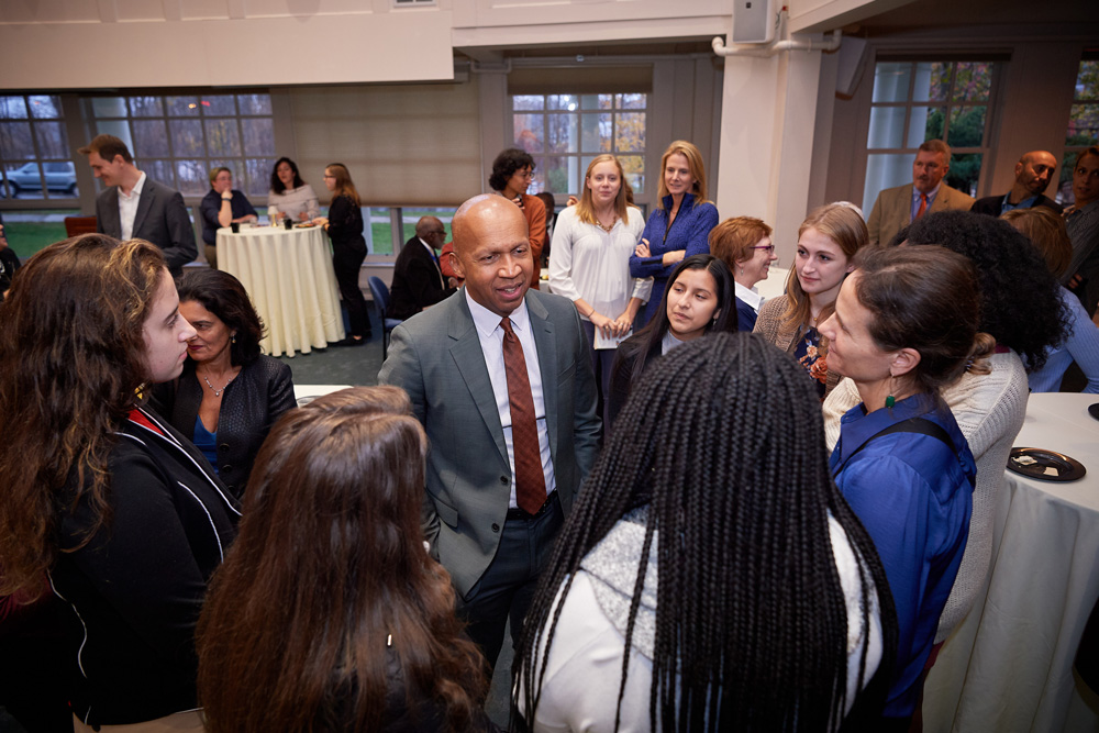 Bryan Stevenson, founder of the Equal Justice Initiative, the recipient of the 2019 Thomas J. Dodd Prize, speaks with students faculty and staff at the Alumni Center on Nov. 7, 2019. 
