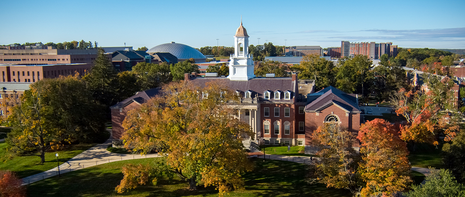 A fall morning aerial view of the Wilbur Cross Building on UConn's Storrs campus.